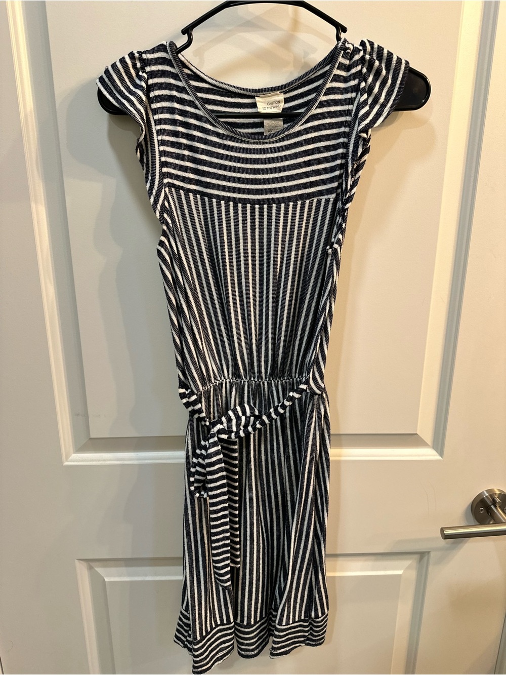 Caution To The Wind Navy and White Striped Midi Dress with Tie Waist
